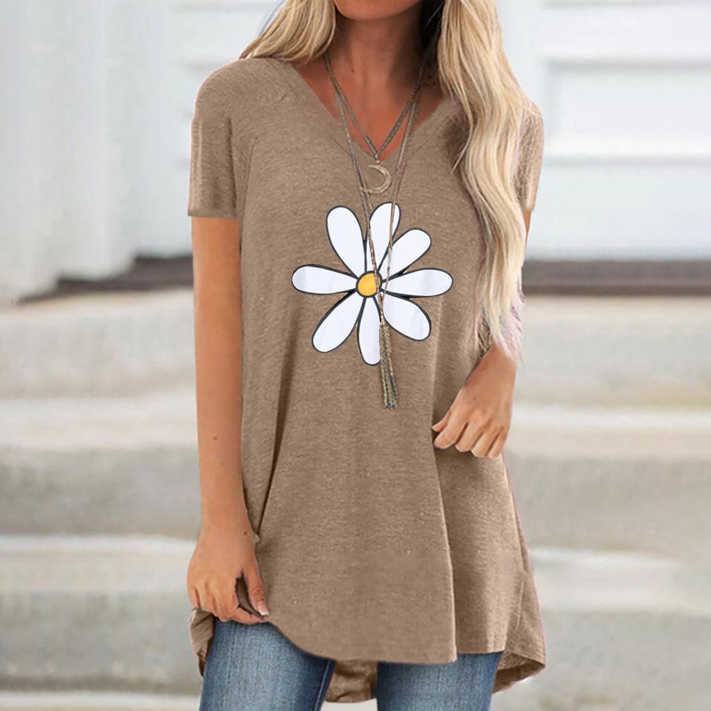 Women Summer Tops V-neck Floral Print Short Sleeve T-Shirts Graphic Blouse