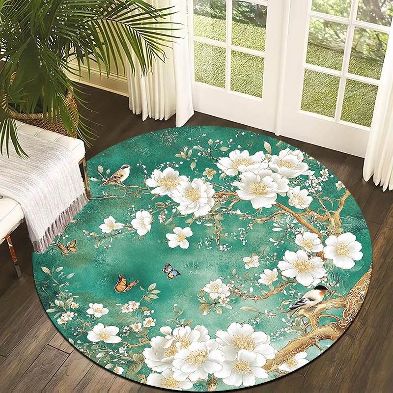 

Graceful white flowers & birds Flannel-printed round floor mats are slip-resistant Suitable living room terrace garden carpets 60cm