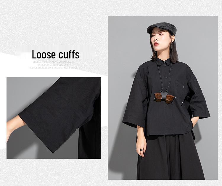 Women's Dark Chinese Style Irregular Mid-Sleeve Loose Top