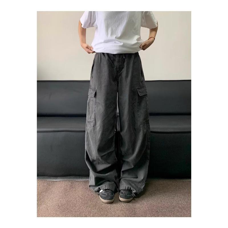 Women's Retro Washed Cargo Pants - Multi-Pocket, Distressed, Loose Fit, Wide-Leg, Pleated with Drawstring.