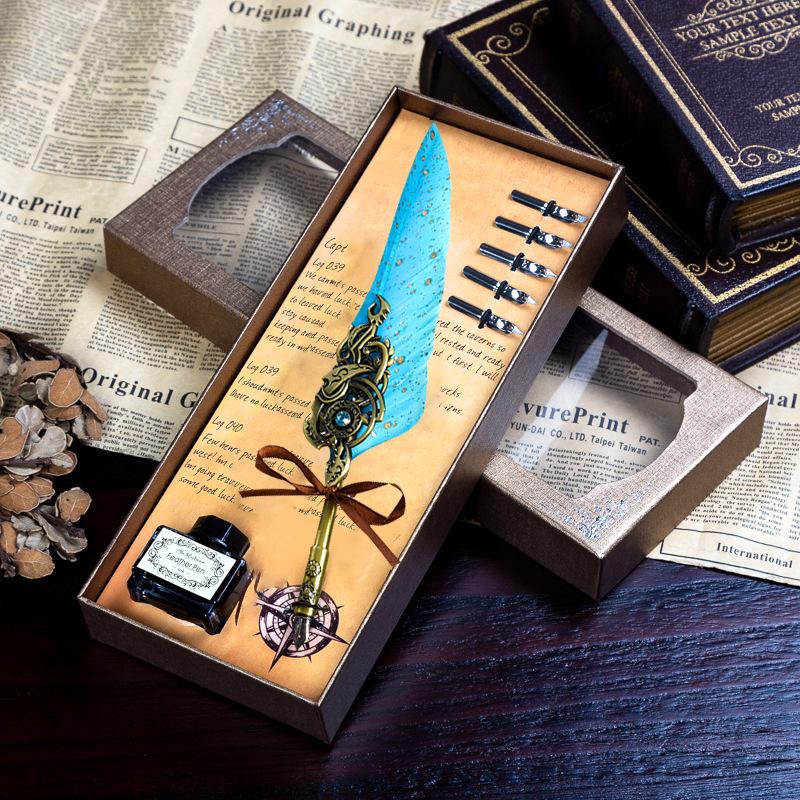 

Flame Wings Birthday Gift Set: Retro Carved Pen Holder with Feather Dip and Fountain Pens for Best Friend