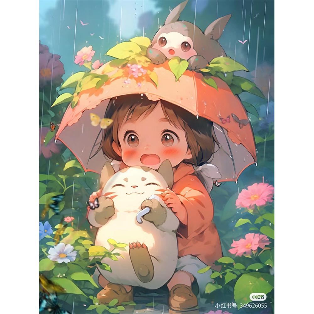 Japanese Anime Diamond Painting, Hayao Miyazaki Totoro with Diamond Embroidery, Girl Flower Handmade DIY Mosaic Home Decoration