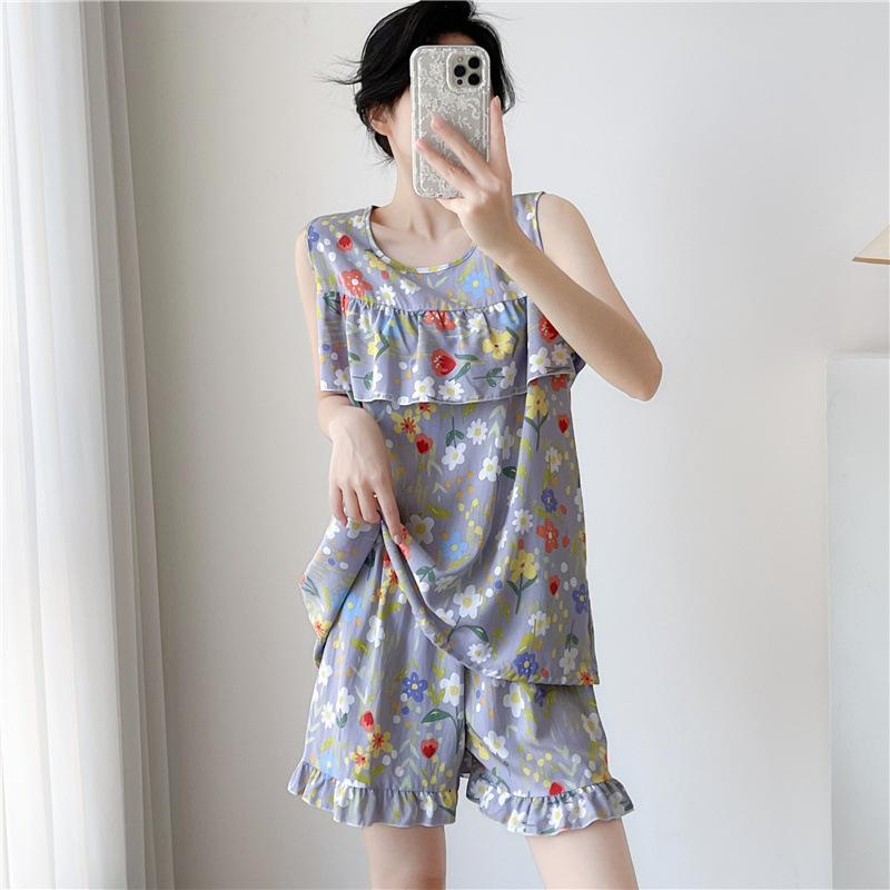 Women's Summer Ultra-Thin Cotton Satin Pajamas Set With Shorts And Sleeveless Vest, Cool Comfort Home Wear For Hot Weather