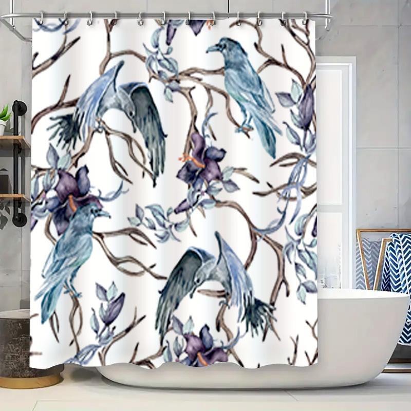

Modern Bathroom Decor Shower Curtain With Blue Birds Floral Pattern Waterproof Fabric For Home Decor Purple And White Flower Des W60H190(CM)-1 Pcs