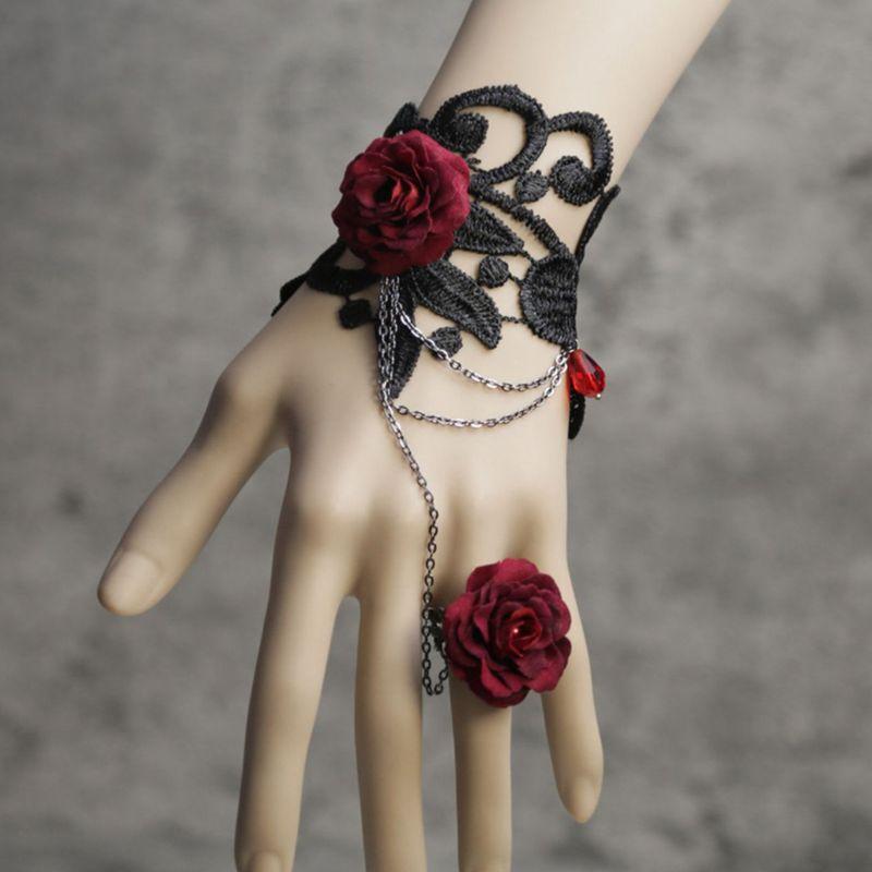 

Amy Mi Lace New Accessories Elegant Accessories Flocking Camellia Fashion Finger Ring Retro Lolita Bracelet Wine Red Right New