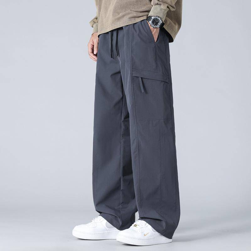

Men Cargo Drawstring Casual Pants Loose Wide Leg Elastic Waist Lightweight Outdoor Street Trousers M серый