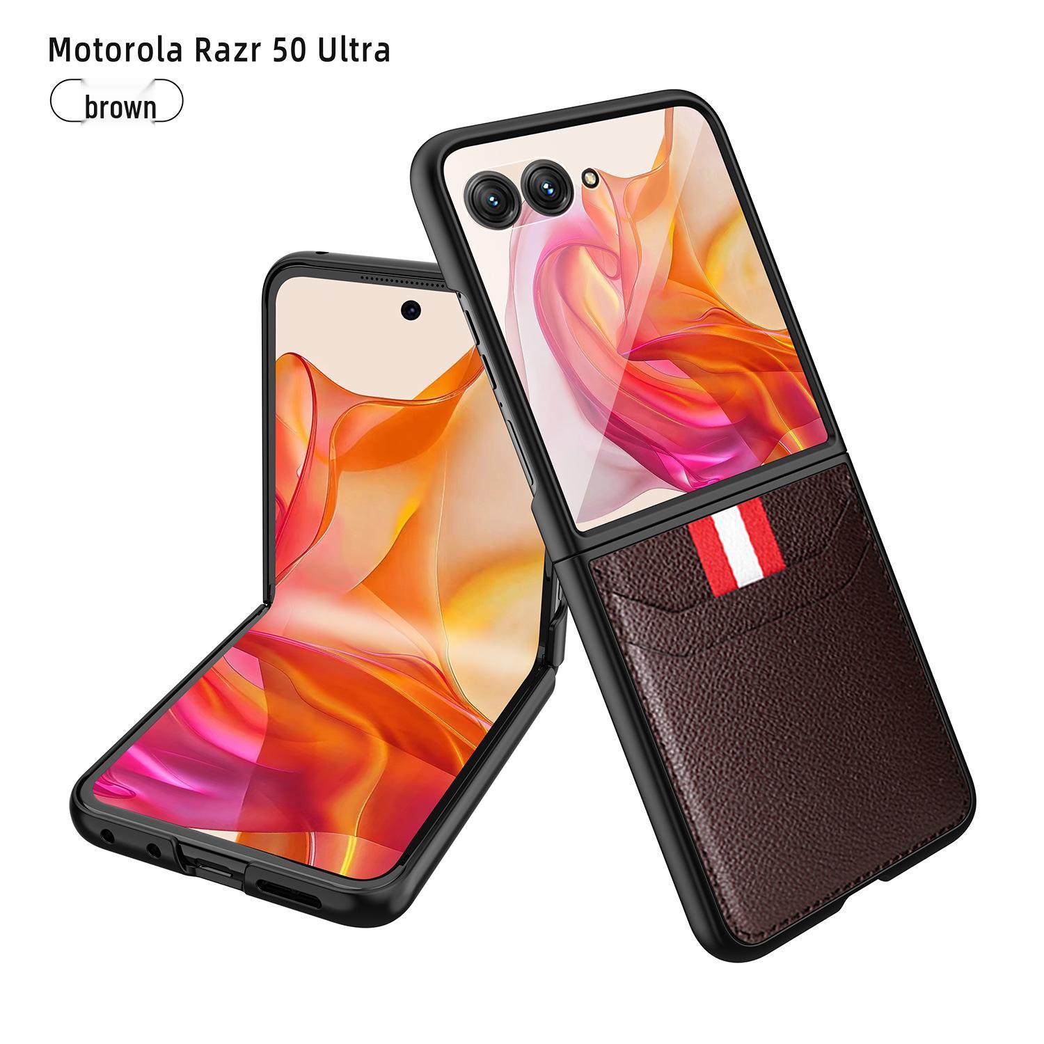 

Motorola Razr50 Ultra Lychee Leather Case with Tempered Film & Card Slot Razr 70U коричневий