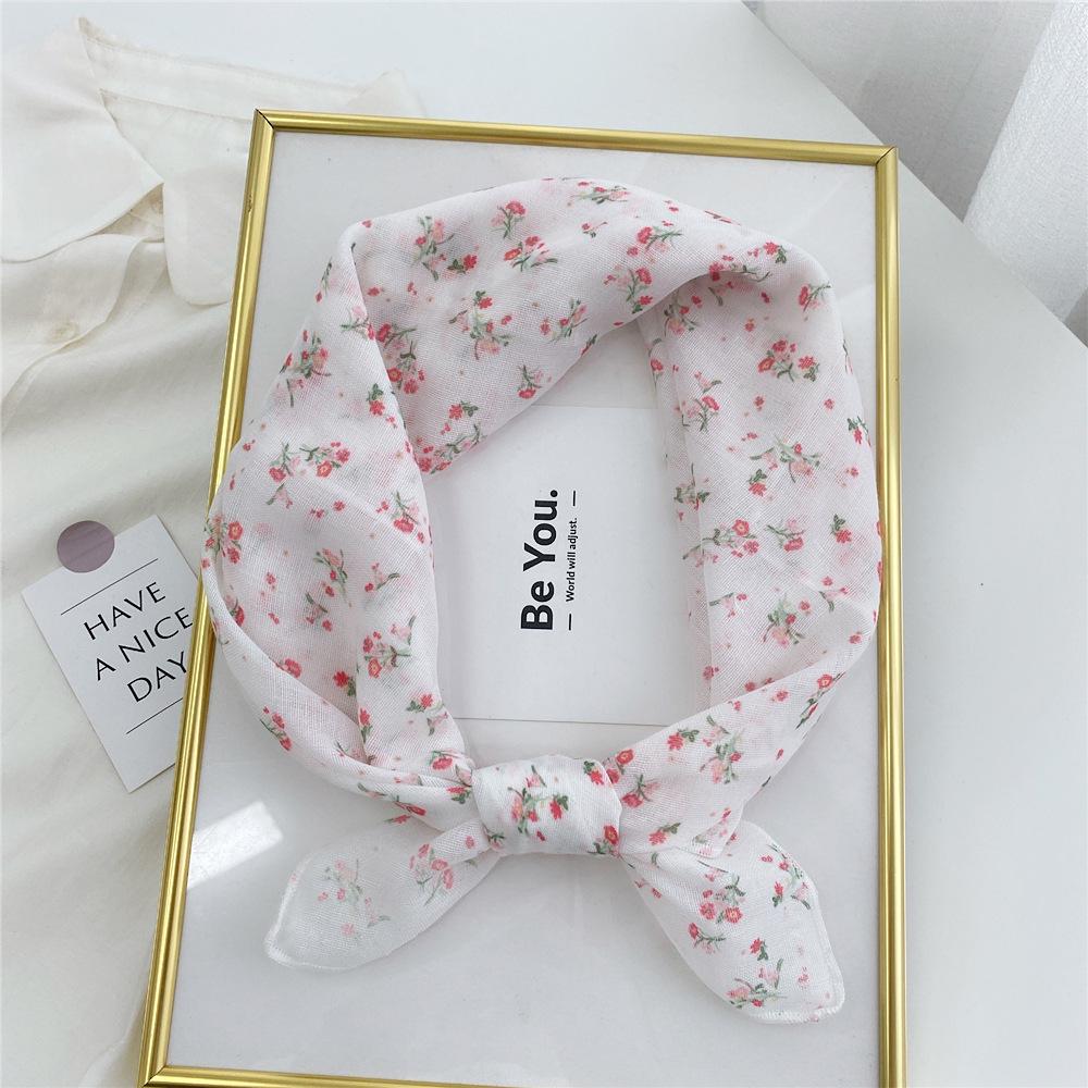 Floral Cotton Linen Silk Scarf: Women's Square Headband for Spring, Summer, Autumn - Korean Fresh Style