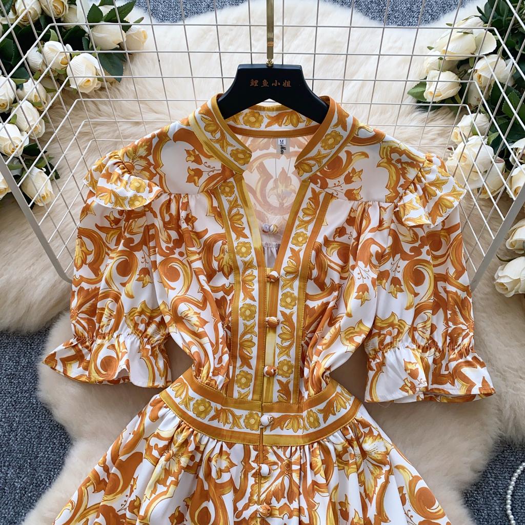 Summer Women Elegant Flare Sleeve Designer Print Runway Dresses V-neck Single Breasted Mini Short Party Dress