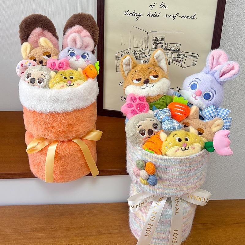 Hot Zootopia 2 Plush Flower Bouquet - Nick & Judy Stuffed Animal Doll Arrangement, Cartoon Character Gift Set, Detachable