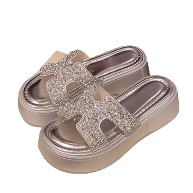 Light luxury beautiful rhinestone cool slippers women wear new spring and summer fashion versatile thick bottom one-word drag
