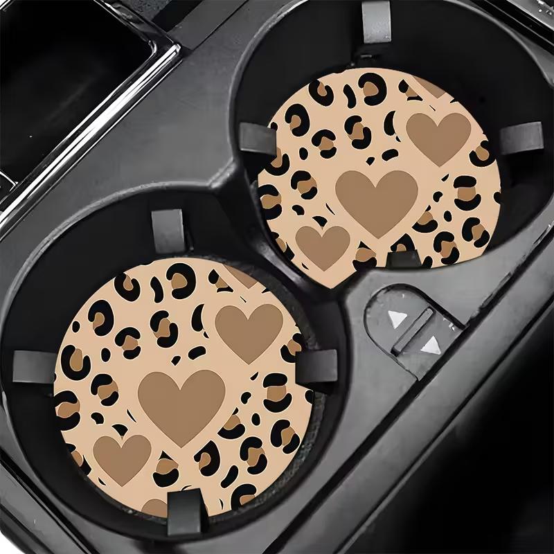 2PCS Car Cup Mat Leopard Pattern Love Pattern Car Anti Slip Cup Mat Creative Car Storage Mat Universal Shock Resistant