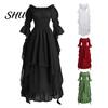 Gothic Long Gown Women Ball Off Shoulder Horn Sleeves Irregular Layered Pleated Elastic Dress Tight Waist Solid Color Retro Renaissance Party
