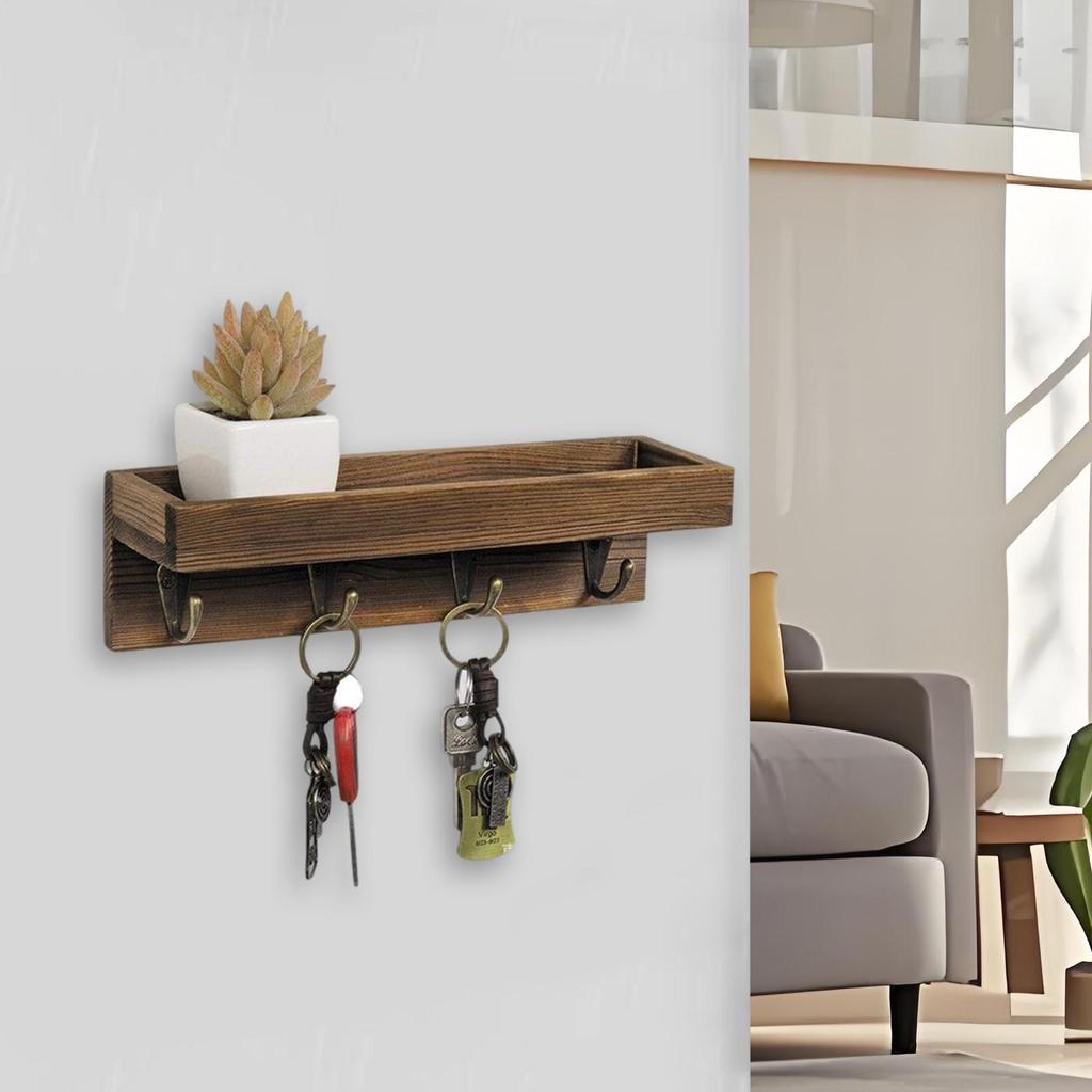 Rustic Wooden Key Holder with 4 Hooks Storage Tray Easy Install Wall-Mounted Organizer for Keys Mail and More for Bedroom Office