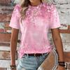 Sommer Rund Hals 3D Blomsterprint Topp Moteabel Casual Kort Ermet Dame T-skjorter