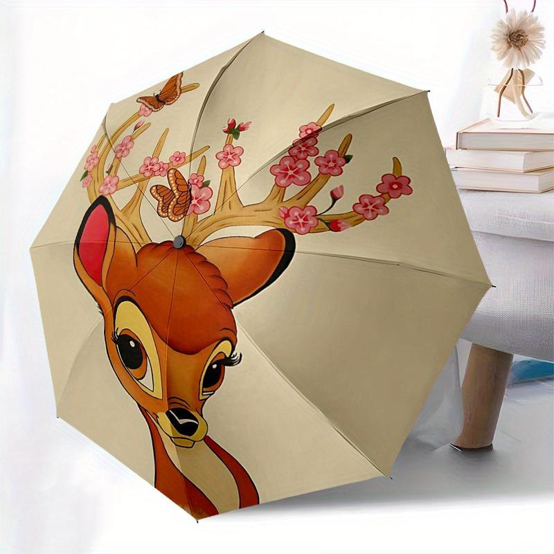 Bambi, Flowers Automatic Opening and Closing Umbrella - 8 Ribs Portable Folding Umbrella with Plastic Handle, Suitable for Leisure and Hallo