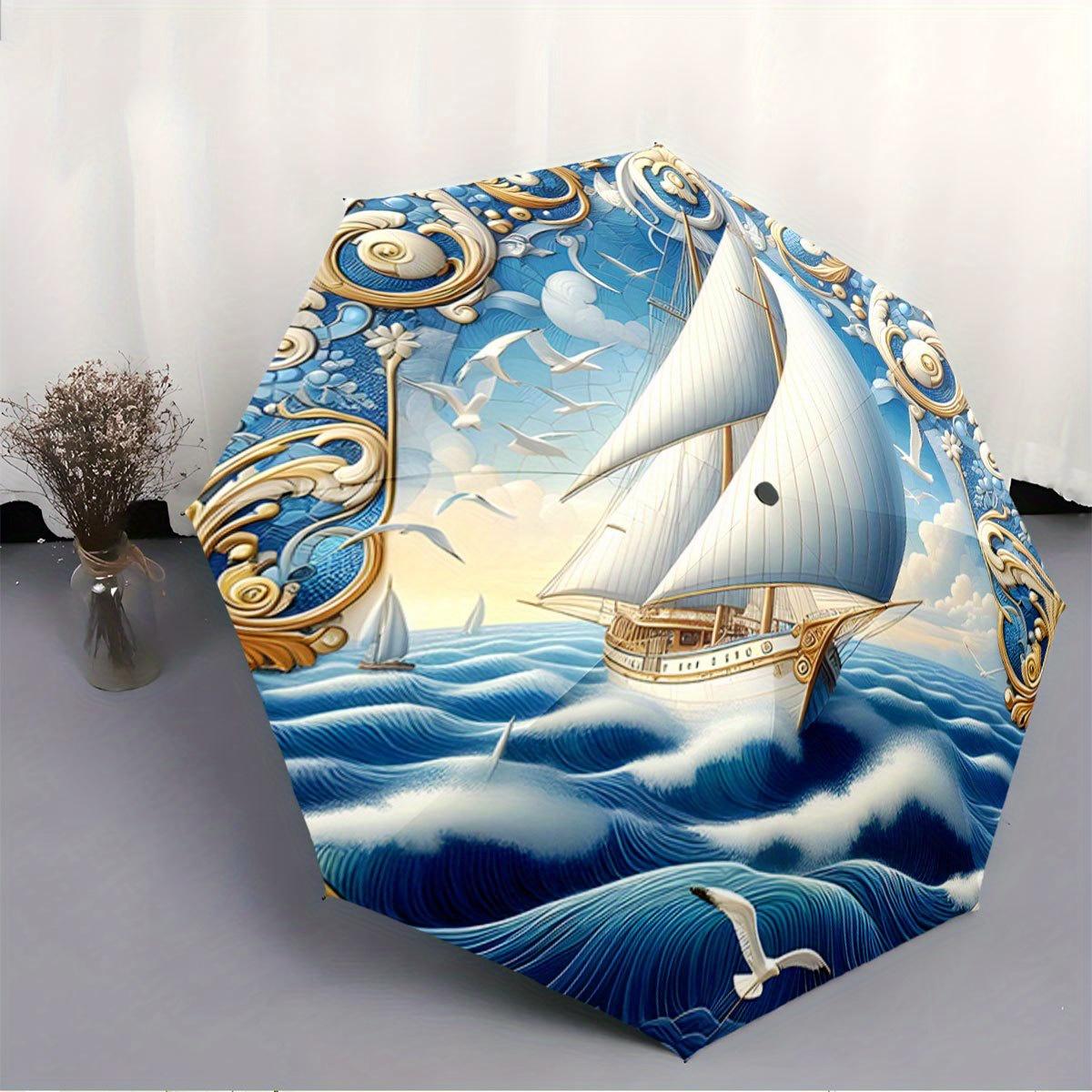 

Automatic Folding Umbrella Sailing ship on ocean waves. Portable collapsible design, casual outdoor accessory, for all seasons Iron&8K