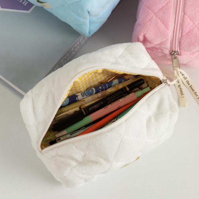 Cute Plush Diamond Lattice Cosmetic Bag Girl Pencil Case High Capacity Portable Storage Bag Toiletry Bag Student Stationery Gift