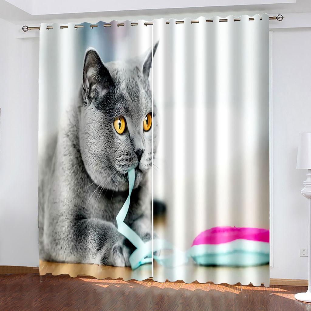 3D Cheap Cartoon Cat Cute Funny Design Shade Thin 2 Piece Window Curtain for Children's Kid Bedroom Living Room Decor on Sale