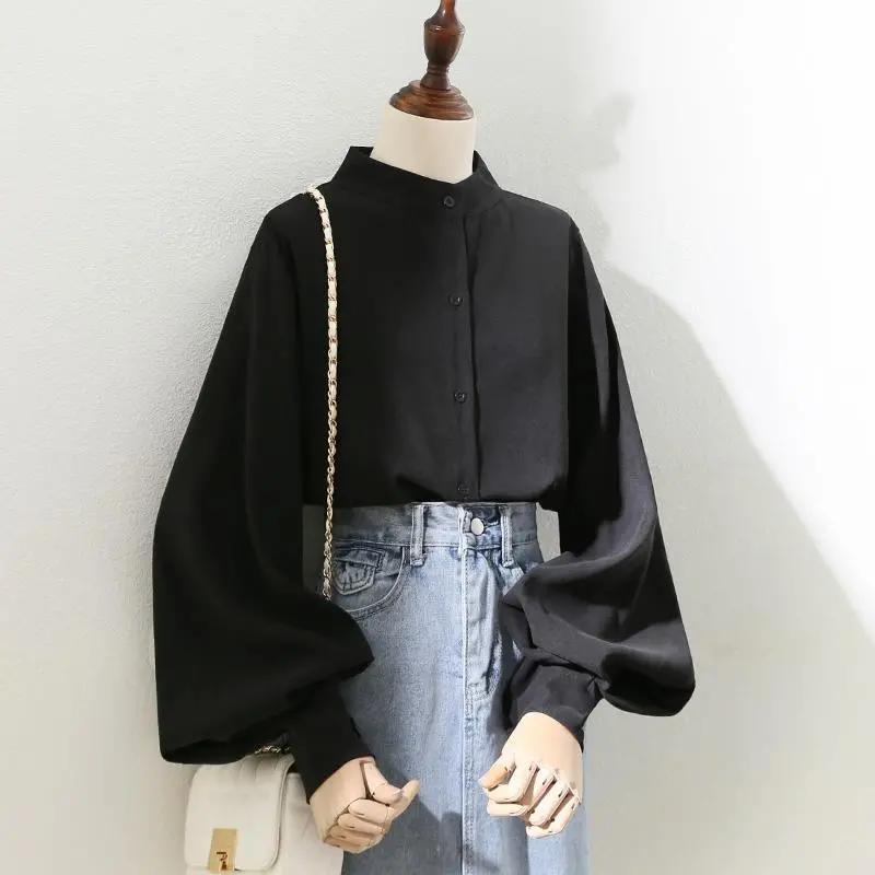 Woman Spring and Autumn Design Lantern Sleeve Stand Collar Blouses Ladies Solid Color Loose Shirts