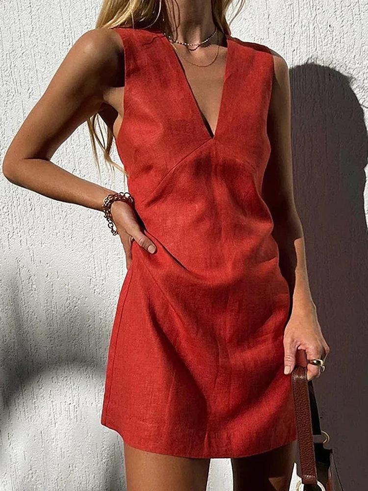 Women V Neck Sleeveless Mini Dress Casual Solid Color Summer Dress S