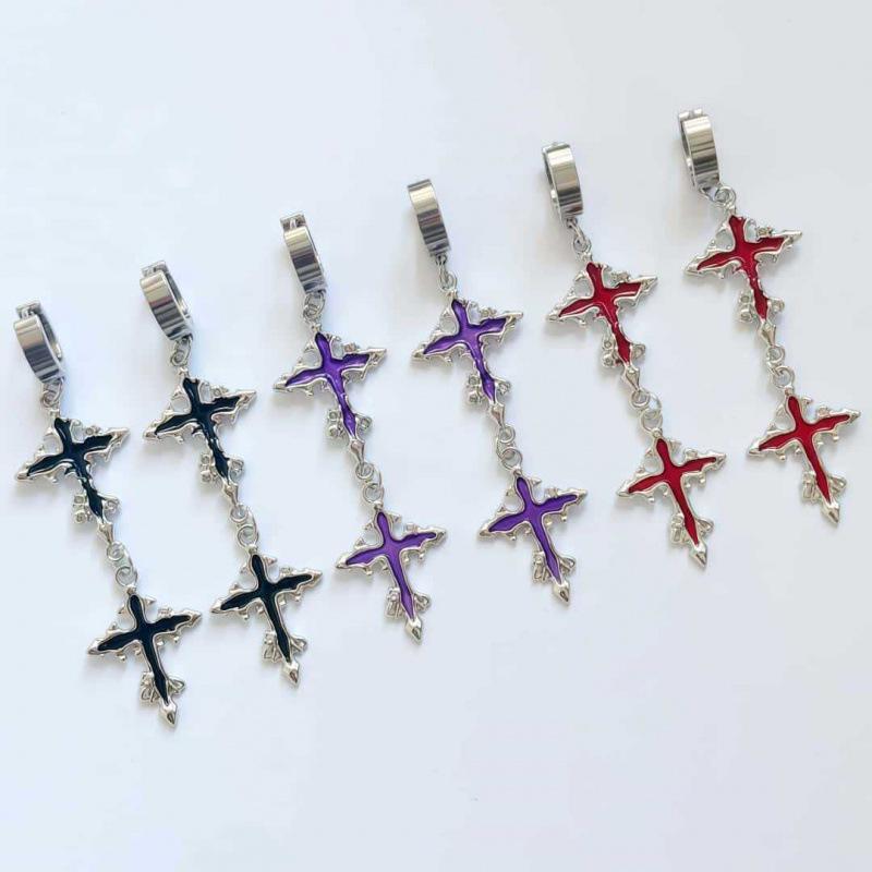 Dark Punk Thorn Cross Earrings & Necklace Set - Stainless Steel, High-End Niche Spicy Girl Style