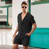 2Pcs/Set Men Outfit Lapel Short Sleeve Single Breasted Shirt Elastic Drawstring Waist Pockets Shorts Set Solid Color Holiday Outfit