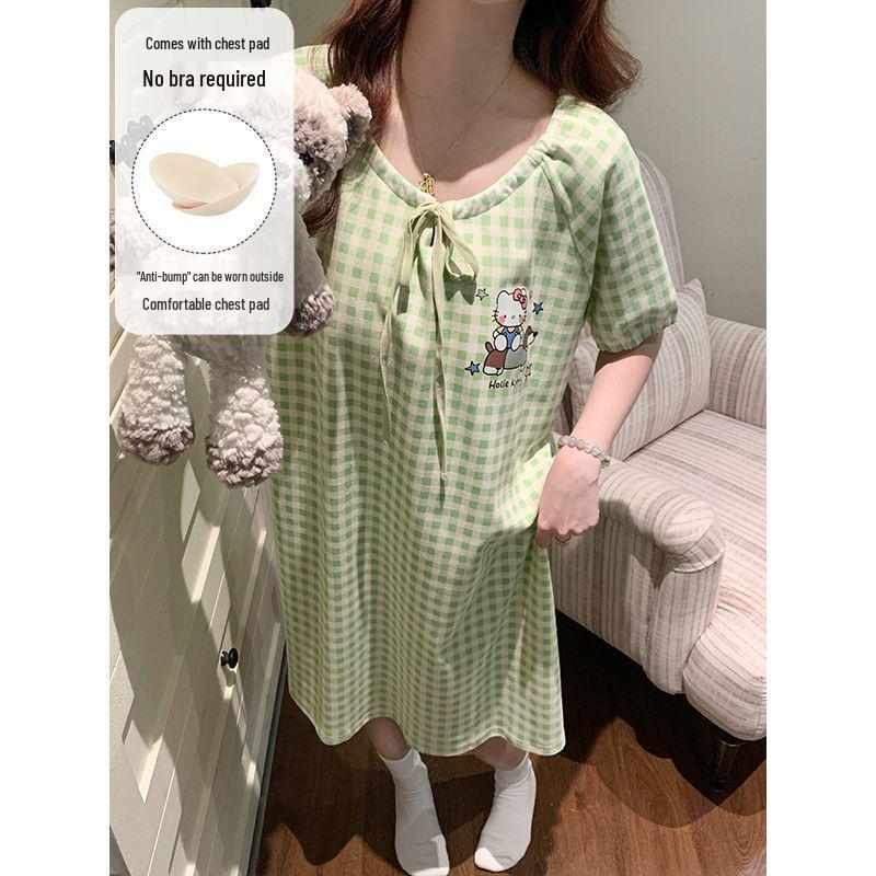 2026 Women's Grey Cartoon Summer Nightgown with Built-in Bra, Round Neck, Short Sleeve, Anti-Nipple, Thin Style for Outerwear and Home Wear.