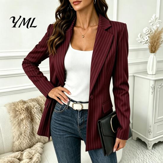 Lady Work Jacket Women Striped Blazer with One Button, Breathable Business Casual Outerwear Jacket, Long Sleeves Notch Lapel Collar Coat for Fall