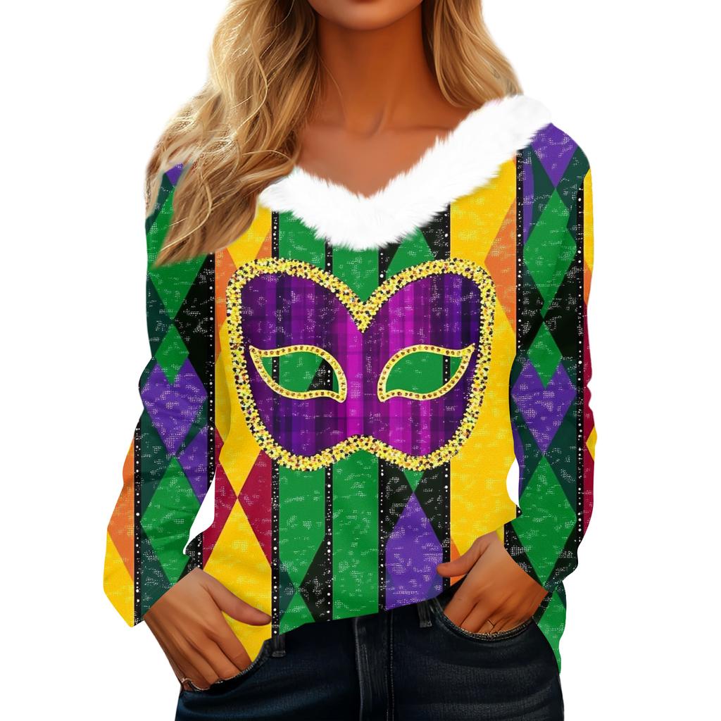 Dámský volný ležérní top s dlouhým rukávem a potiskem, plyšový límec ve tvaru V, top s dlouhým rukávem