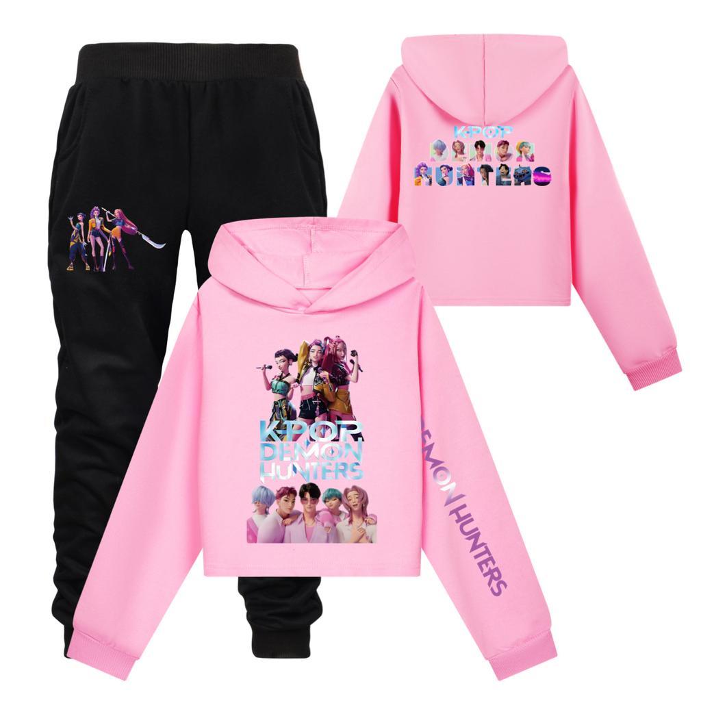 Girls Clothing Sets Kpop Witch Hunt Girls' Half Waist Short Hoodie Single and Double Sleeve Printed Casual Set