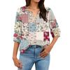 Women’s Casual Floral Print Henley Neck Button Down Cotton Linen Shirt with Three Quarter Sleeves Relaxed Fit Blouse Top