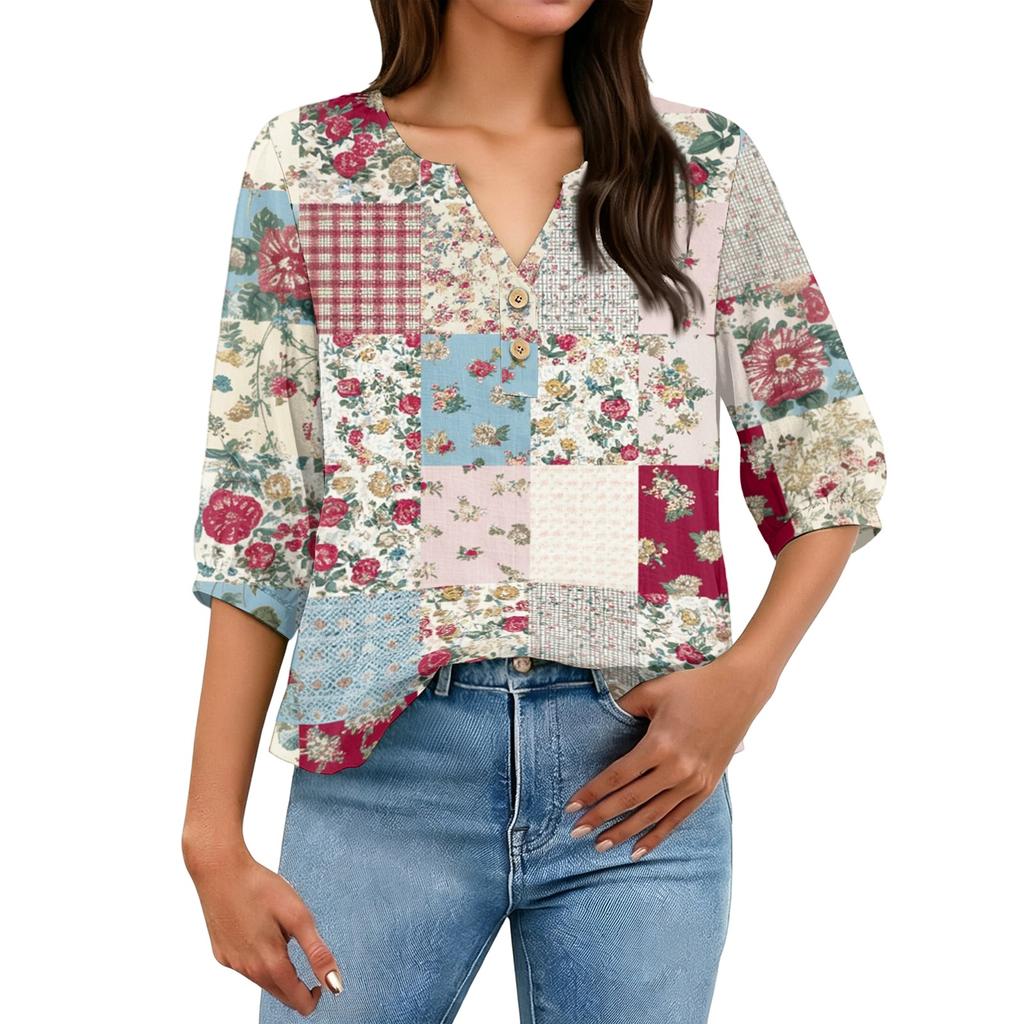 Women’s Casual Floral Print Henley Neck Button Down Cotton Linen Shirt with Three Quarter Sleeves Relaxed Fit Blouse Top