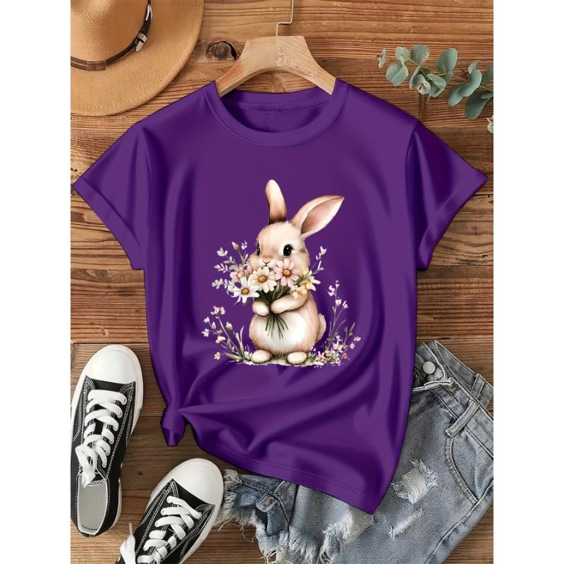 Cute Bunny and Flower Printed T-shirt, Short-sleeved Crew Neck Casual Top