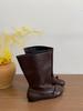 Skinless Leather Boots, Retro Women's Boots, Autumn Models, Large Tube Circumference, Flat-bottomed Fashion Bow, Medium Tube Short Boots Piled Up