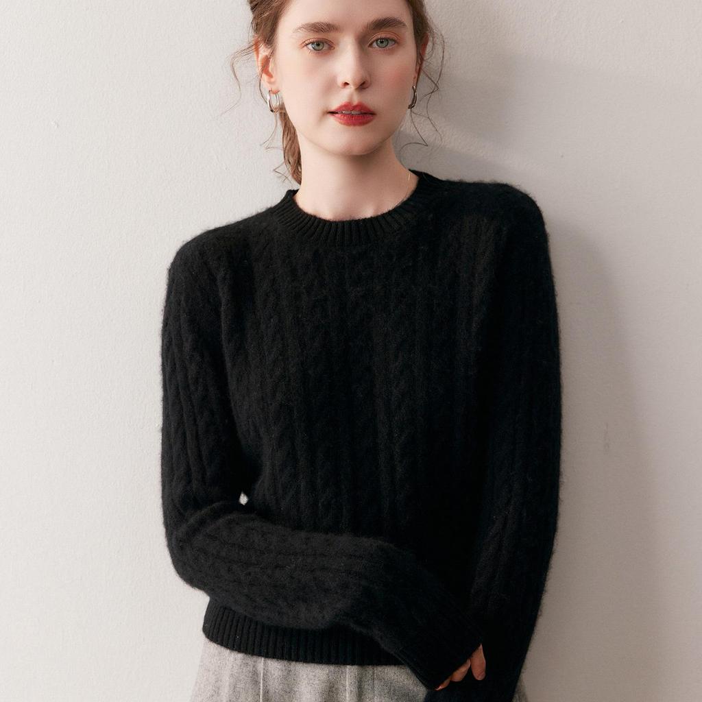 Women's Soft Cashmere Bamboo Leaf Sweater - Double-Strand, Round Neck, Perfect for Autumn and Winter