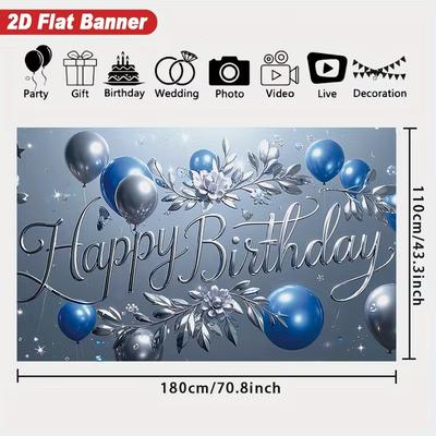 2D Elegant Silver Floral Happy Birthday Backdrop Banner for Formal Party Supplies