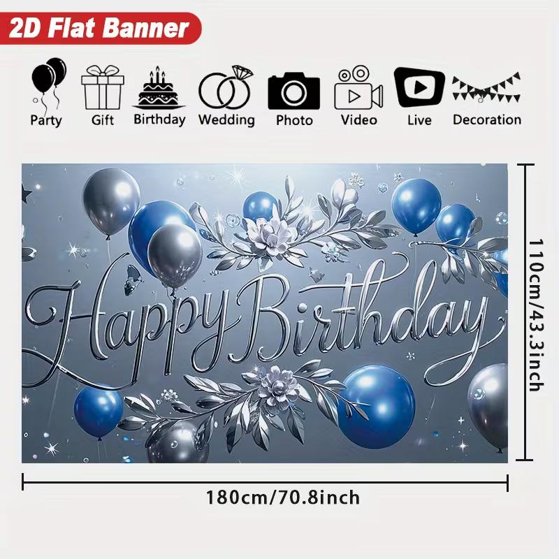 

2D Elegant Silver Floral Happy Birthday Backdrop Banner for Formal Party Supplies 47.2x31.5inch/120*80cm