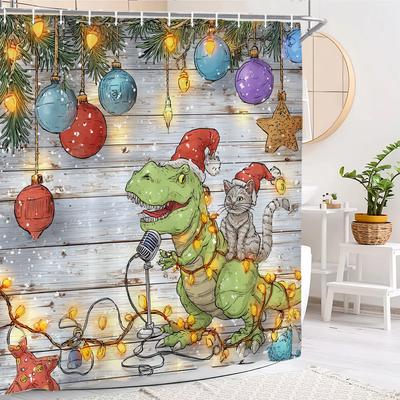 Merry Christmas Dinosaur Cat Print Bathing Curtain Bathroom Shower Curtain With Hooks Bathroom Home Decor and Accessories