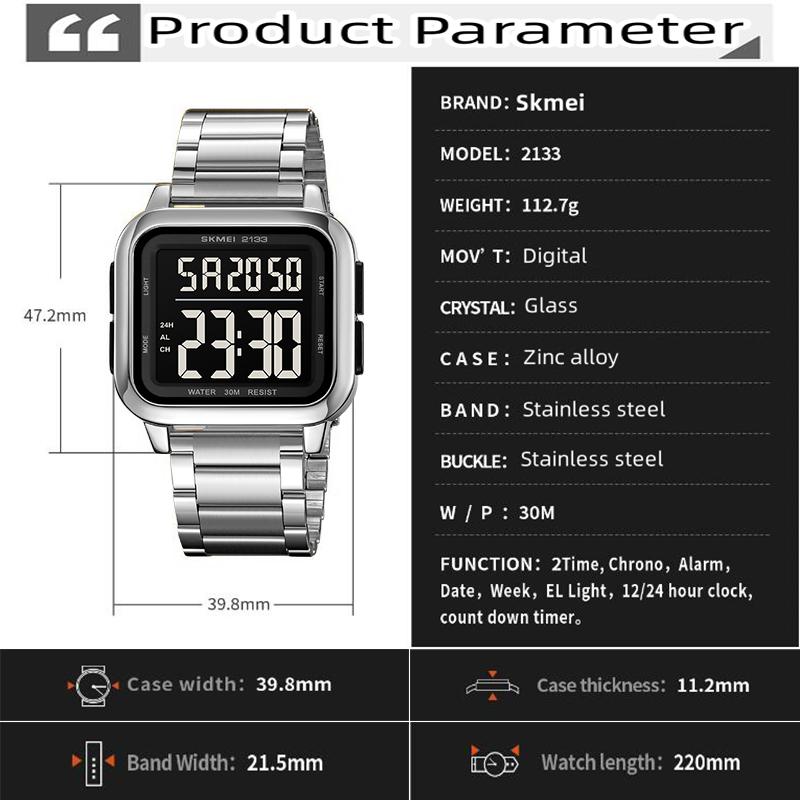 Skmei Digital Watches for Mens 30m Waterproof Back Light LED Chronograph Luxury Stainless Band Strap Date Week Display Dual Time