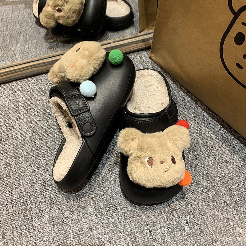 Cute bear cartoon cotton slippers women wear winter thick bottom warm indoor home removable wool cotton slippers