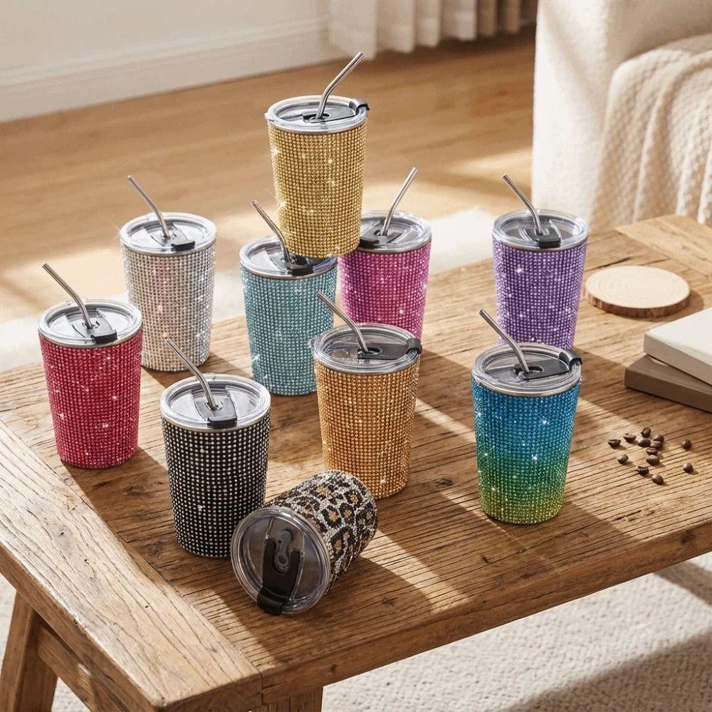 Durable 500ml Rhinestone Water Cup Sparkling Reusable Glitter Coffee Mug Unbreakable Bling Creative Straw Cup Girl