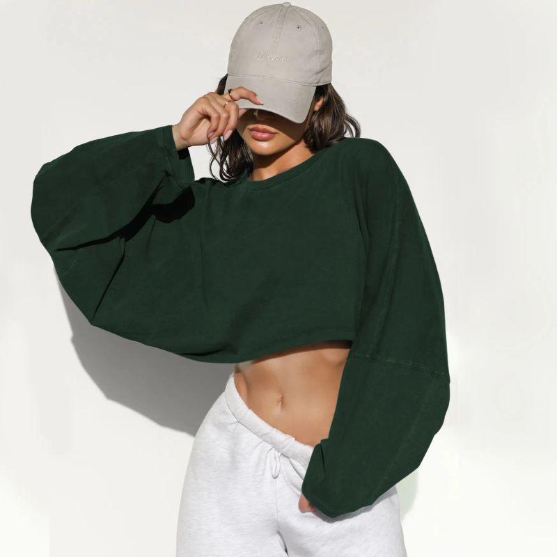 2025 Cross-Border Navel round Neck Hoodie European and American Women clothes Short Sports Bottoming Shirt T-shirt Knit Long sleeve Top
