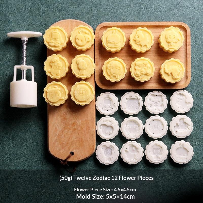Plastic Hand Press Mooncake Mold No Oil Demold Needed with Multiple Pattern Stamps for Home Beginner Baking