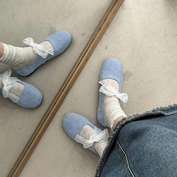 

2025 весна ретро кружева шнуровка квадратный нос балетки на низком каблуке натуральная кожа универсальный темперамент Мэри Джейн женские туфли 35 небесно-голубой