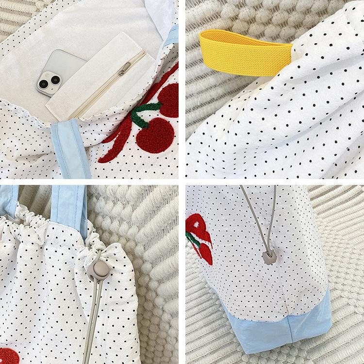 Embroidery Cherry Women's Shoulder Bag Retro Dot Female Drawstring Handbags Large Capacity Ladies Foldable Tote Shopping Bags