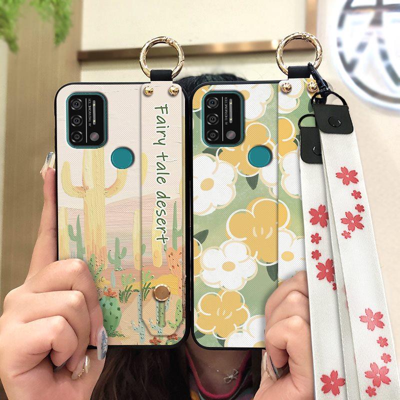 Silicone Waterproof Phone Case For UMIDIGI A9 Protective Oil Painting Flower Wrist Strap Kickstand Dirt-resistant Ring