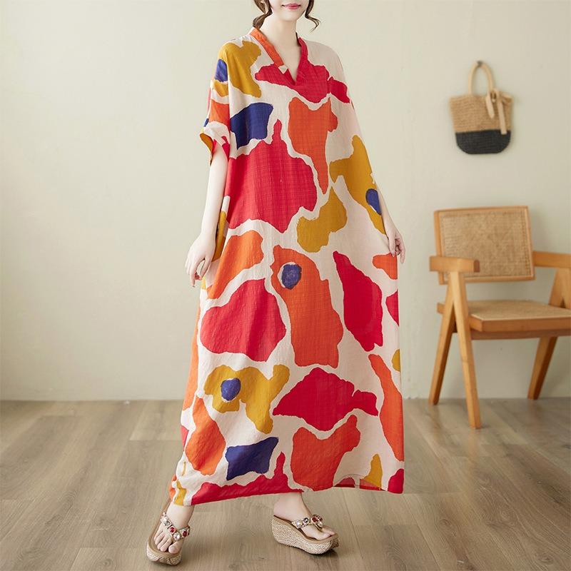 Summer New Cotton and Linen Literary and Retro Loose V-neck Large Size Casual Vacation Short-sleeved Dress Women's Clothing