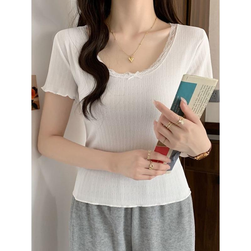 White Pure and Sweet Lace Slim Fit and Slim Bottoming for Women's Spring and Summer Front Shoulder Inner Wear Design Short-sleeved T-shirt Top