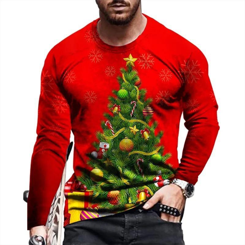 New Men's Long Sleeved Round Neck T-shirtr Autumn Winter Christmas 3D Digital Printed Christmas Tree T-shirt
